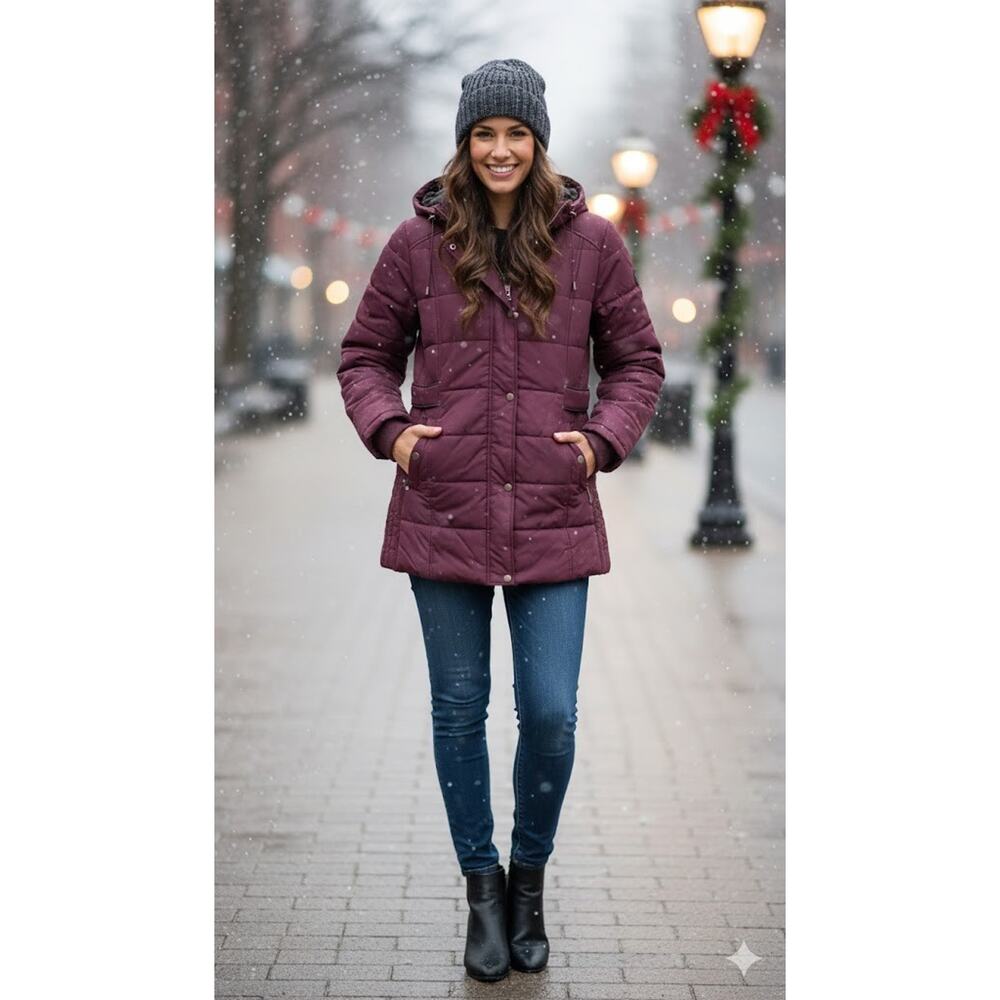 NWT Intl Details Womens Cozy Purple Full Zip Snap Hooded Puffer Jacket Size L